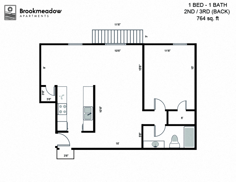 Floor plan for 1 bed, 1 bath, 828 sqft
